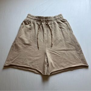 SHAHD tan terry knit athletic boy Bermuda elastic waist raw fray hem shorts